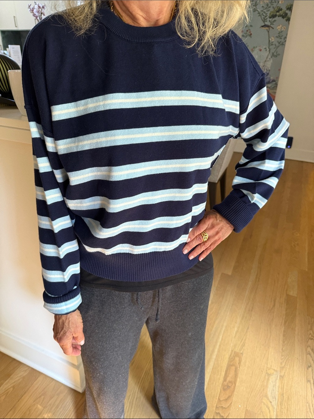 women's Navy Striped Crewneck Sweater - Light Blue & White Stripes. LE BOP